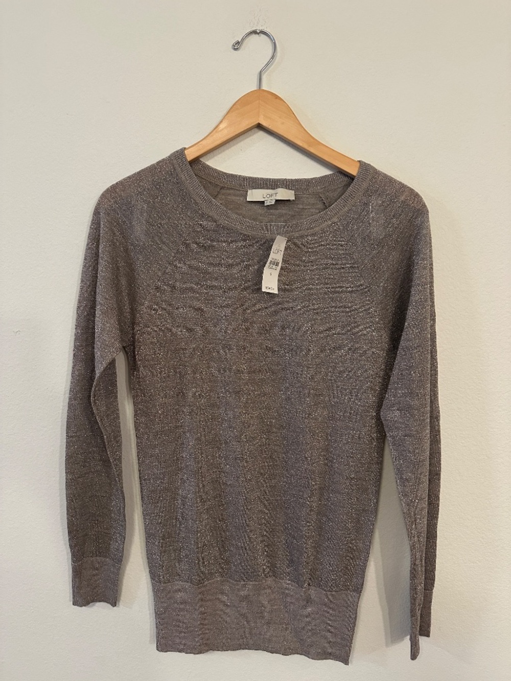 LOFT Taupe Shimmer Merino Wool Blend Crewneck Sweater Women's S NWT